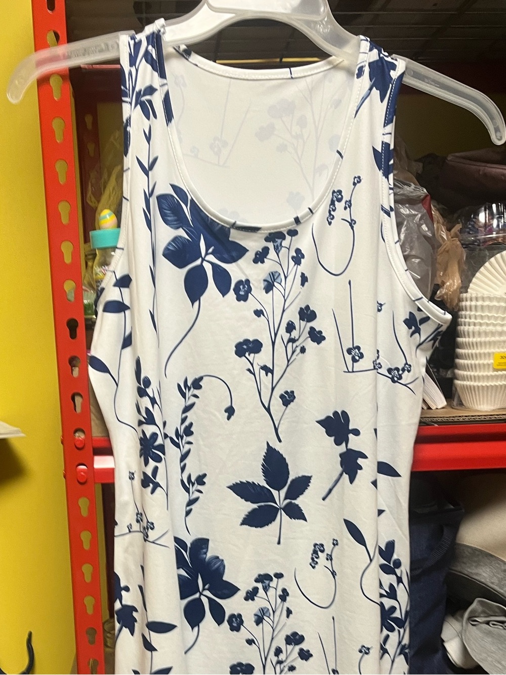 Women’s White Tank Top Dress with Navy Botanical Print